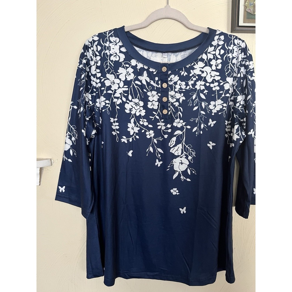 New! Zeagoo Size Large Cotton Blue Floral Top‎ Shirt Blouse